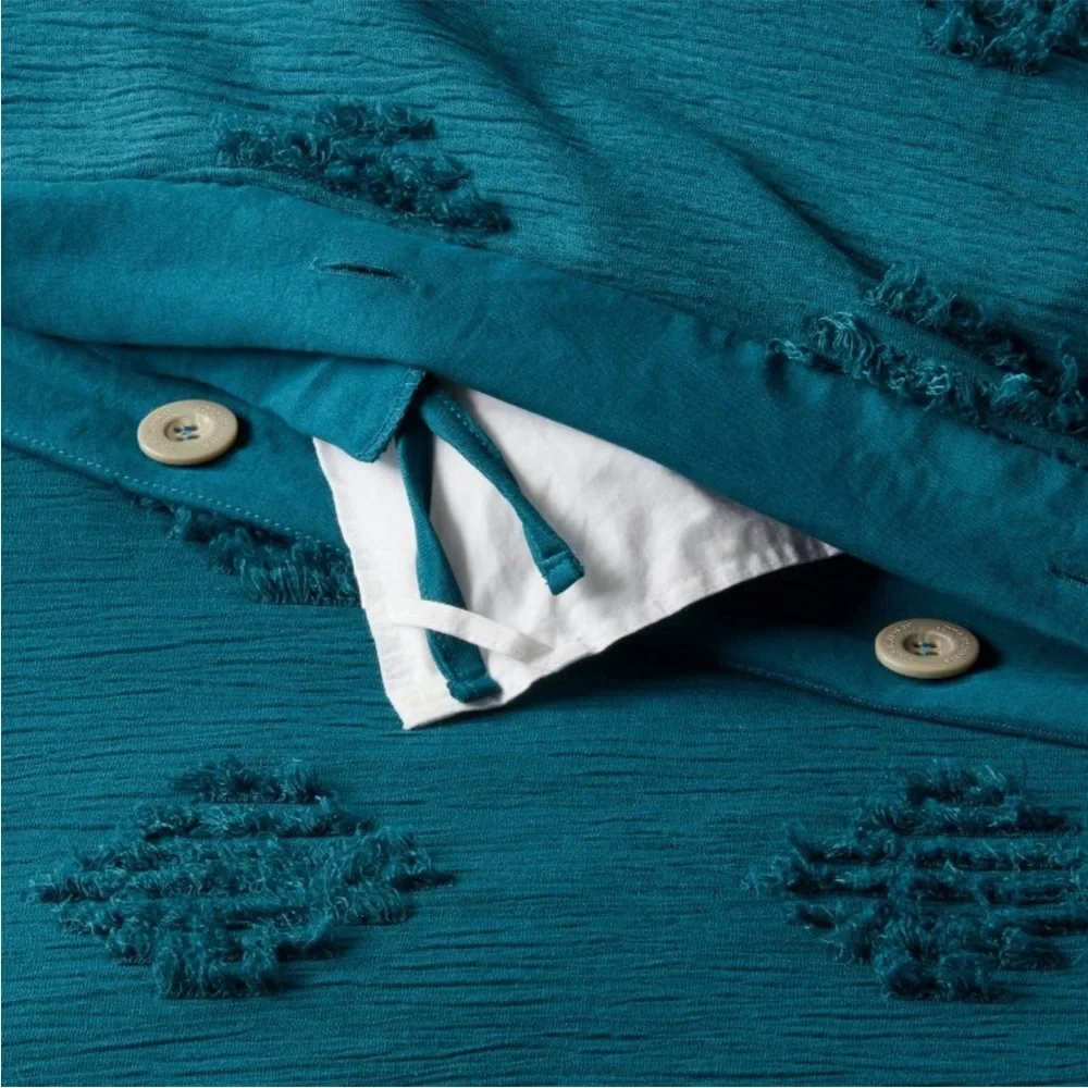 THRESHOLD NWT tufted diamond crinkle duvet cover & sham set -dark teal blue -f/q